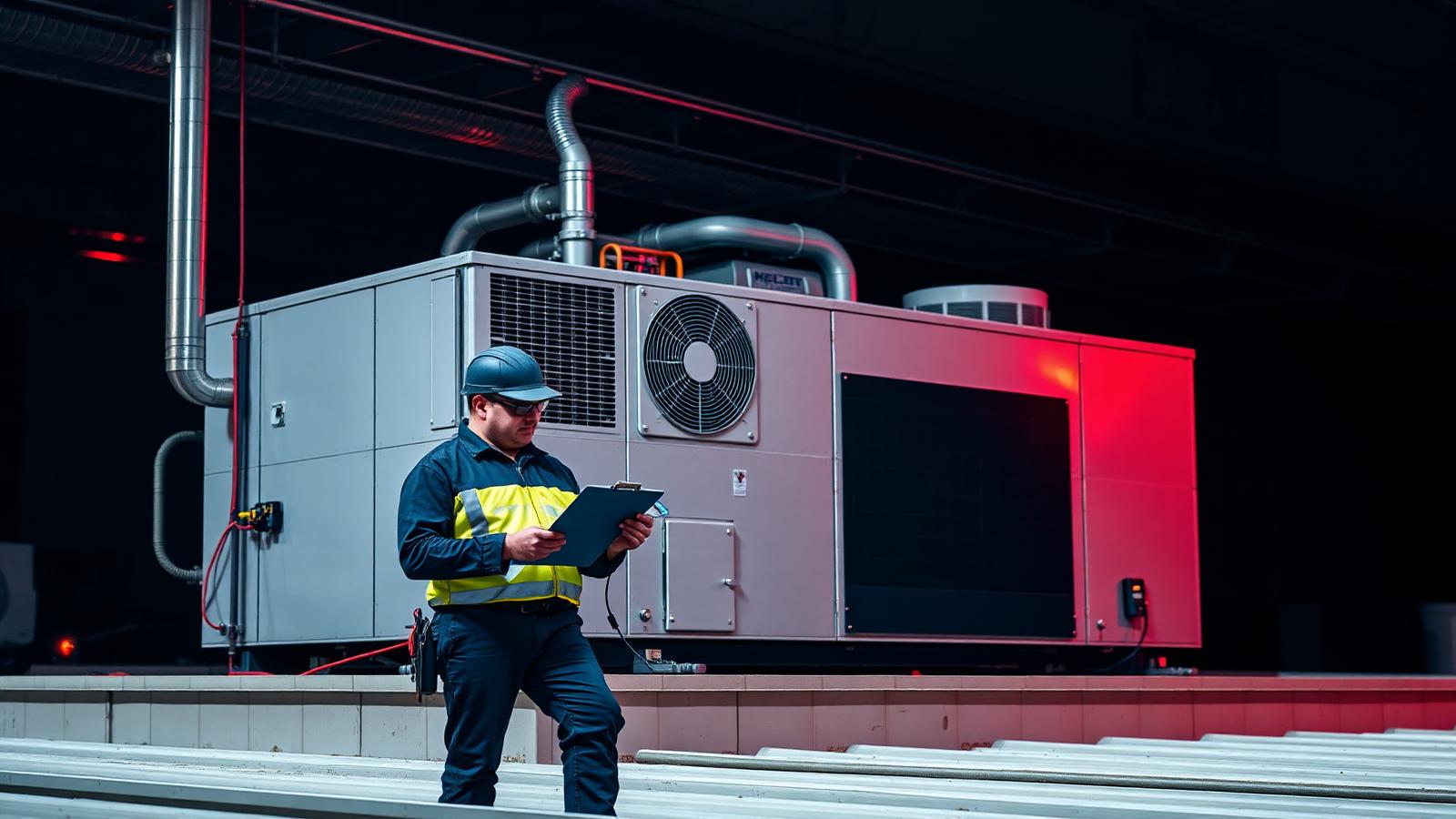 Technician performing certified testing on a commercial rooftop HVAC unit